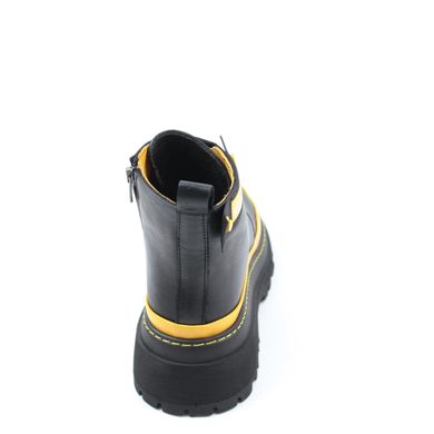 Купить Женские чёрные короткие кожаные ботинки на толстой подошве с жёлтыми вставками Nod Trend