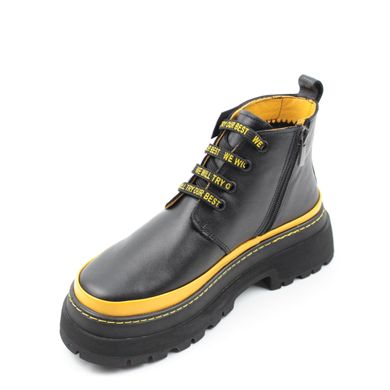 Купить Женские чёрные короткие кожаные ботинки на толстой подошве с жёлтыми вставками Nod Trend