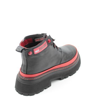 Купить Женские чёрные короткие кожаные ботинки на толстой подошве с красными вставками Nod Trend