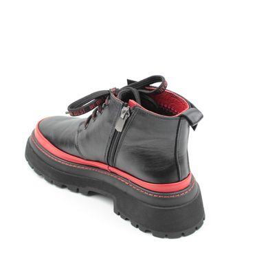 Купить Женские чёрные короткие кожаные ботинки на толстой подошве с красными вставками Nod Trend