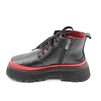 Купити Жіночі чорні короткі шкіряні черевики на товстій підошві з червоними вставками Nod Trend
